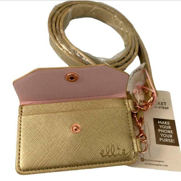 Ellie NEW Gold Phone Pocket RFID Crossbody Card Case Purse Strap Vegan #84A - Picture 2 of 6